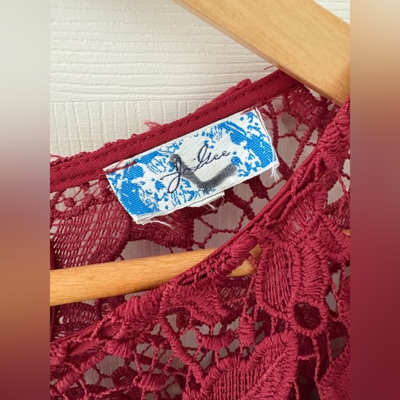 J Gee babydoll lace crochet mini dress size large bell sleeve Merlot red - Picture 3 of 10